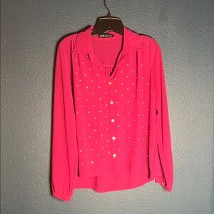 Love Culture Fuchsia sheer Button Down Shirt with rhinestones